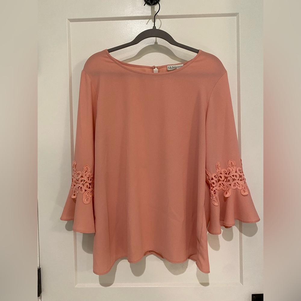 Neiman Marcus Peach Crepe Blouse with Lace Detailed Bell Sleeves, size M